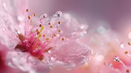 Close-Up View of Pink Blossom with Water Droplets Showcasing Delicate Petals and Nutrient-rich Stamen in Natural Light for Floral Photography