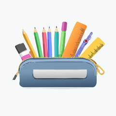 Various school supplies displayed inside a blue pencil case on white background