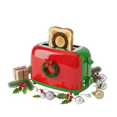 Festive christmas toaster with wreath toast popping up on transparent background