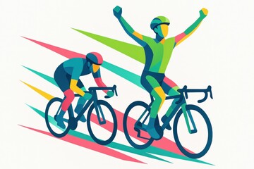 Fototapeta premium Cycling race victory celebration vector illustration, showing winning cyclist raising arms in victory.