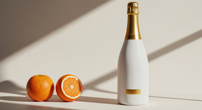 Champagne Bottle with Oranges and Shadows freepik style