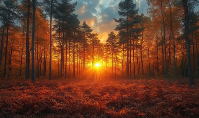 Obraz premium A breathtaking forest sunset with warm colors and a radiant sunlight beam