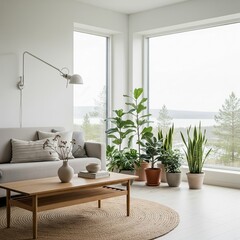 Serene Scandinavian living room interior with abundant natural light and houseplants.