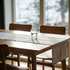 Serene Scandinavian style dining room with a glass of water on a wooden table.
