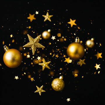 Golden Christmas Ornaments and Stars on Black Background with freepik