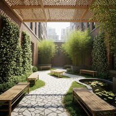 Serene Urban Courtyard with Zen Garden Design and Lush Greenery.