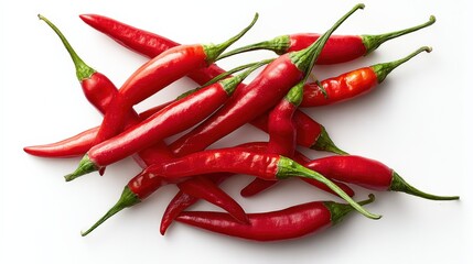 Pile of vibrant red chili peppers with fresh green stems, isolated on clean white background