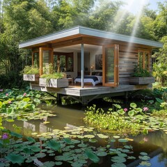 Serene wooden cabin retreat floating on a tranquil lily pond in a lush green forest.