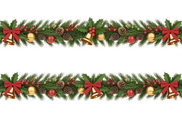 Two christmas garland borders isolated on transparent background with ornaments and bows