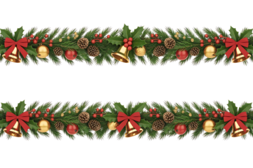Two christmas garland borders isolated on transparent background with ornaments and bows