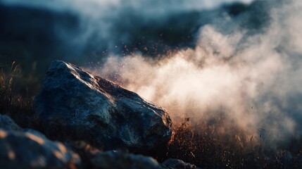 A large rock in a natural landscape illuminated by late afternoon sunlight with rising smoke and red particles