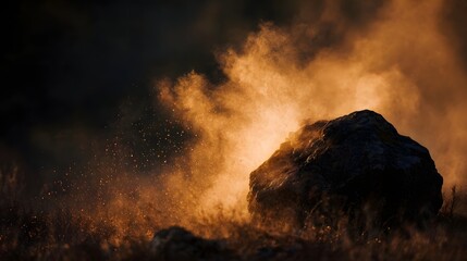 Fototapeta premium A large rock is engulfed in swirling dust and glowing embers during a dramatic atmospheric sunset