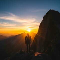 Silhouette of an adventurous hiker standing on a mountain peak watching the golden sunrise.