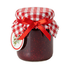 Homemade raspberry jam jar with red ribbon and gingham on transparent background