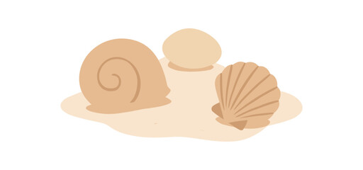 minimal arrangement of shells and sand smooth coastal vibe no outline flat vector illustration style isolated on white background light neutral hues