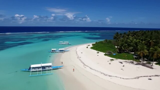 Tropical aerial view of a paradise island with white sand, palm trees, turquoise water, and boats