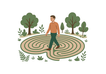 forest labyrinth walking meditation calming mind and connecting with surroundings flat vector illustration style isolated on white background