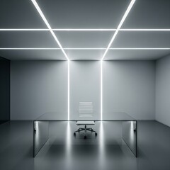 Sleek contemporary workspace with geometric ceiling lights and glass desk.
