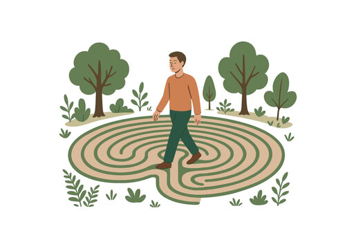 forest labyrinth walking meditation calming mind and connecting with surroundings flat vector illustration style isolated on white background
