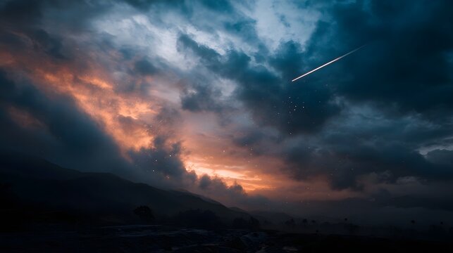 Dramatic twilight sky with glowing orange clouds a streaking meteor and falling sparks over silhouetted mountains - Powered by Adobe