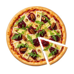 Gourmet pizza with brie cheese and cranberry sauce on transparent background