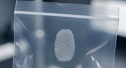 Forensic science concept with a human fingerprint collected as evidence and sealed in a clear plastic bag for a criminal investigation