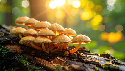 Cluster Of Orange Mushrooms Growing On A Textured Wood Log In A Forest During Golden Hour Sunlight With Soft Bokeh Background