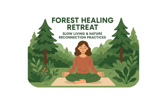 forest healing retreat poster promoting slow living and nature reconnection practices flat vector illustration style isolated on white background