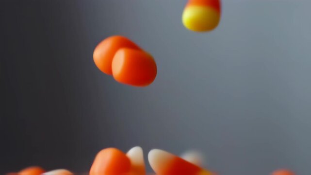 Candy Corn Falling in Slow Motion for Halloween Celebration.