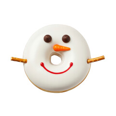 Snowman donut with white frosting and pretzel arms on transparent background