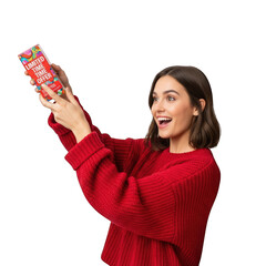 Excited woman shows limited time offer on phone on transparent background