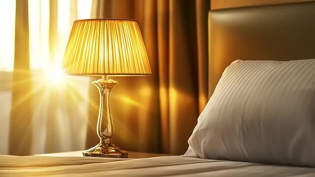 Illuminated bedside table lamp near soft pillow in room with bright natural light