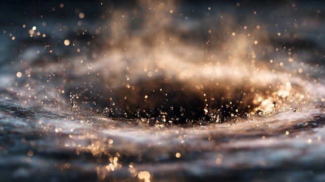 A swirling vortex of golden light particles and mist evokes a cosmic ethereal phenomenon
