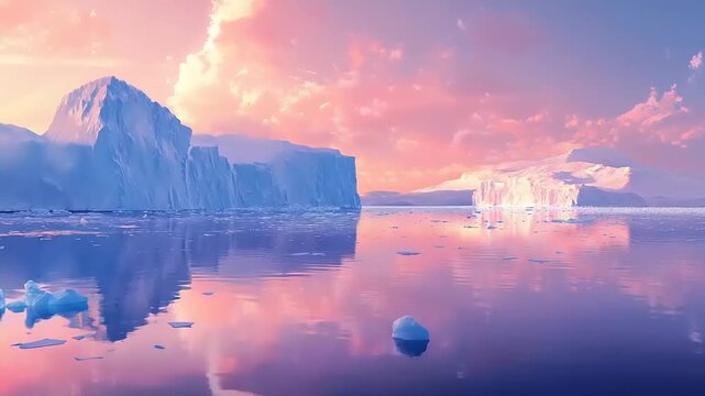 Massive ice formations floating in calm water under dramatic colorful sky