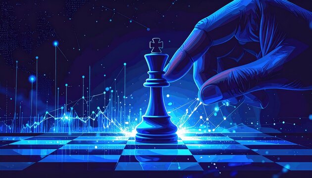 Strategic chess king move on digital data background symbolizing business success. - Powered by Adobe