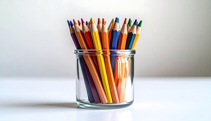 Obraz premium Colorful Pencils in a Glass Jar on a White Table with a Neutral Background