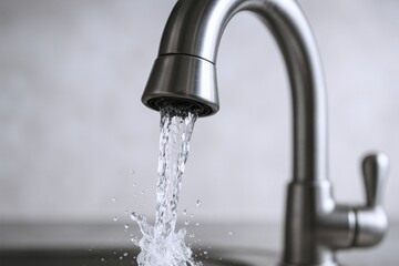 Water Flowing from a Modern Stainless Steel Faucet into Sink, Clean Water Concept