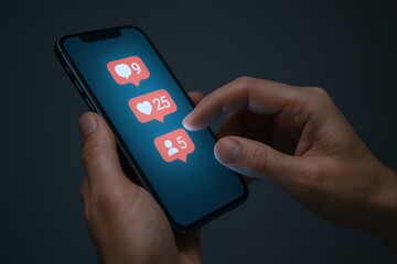 Fototapeta premium Engaging Content on Mobile: Hands Interacting with Social Media Notifications on a Smartphone Screen