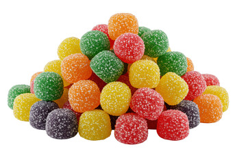 Macro shot of vibrant, sparkling jelly beans (emerald, yellow, orange, red, purple) on a transparent background with copy space, perfectly lit, appetizing candy concept