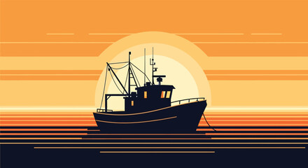 Silhouette of a fishing trawler boat sailing on the ocean during a vibrant sunset with layered orange and yellow sky