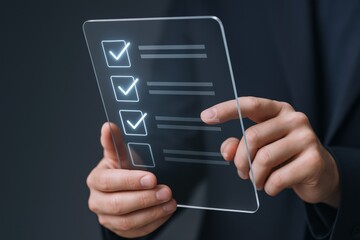 Man Interacting with Digital Checklist Interface Demonstrating Productivity and Task Management in Modern Business
