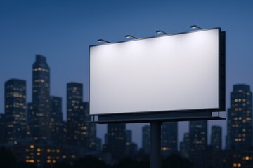 Obraz premium Blank Billboard at Dusk with City Skyline, Ideal for Advertising Mockups and Outdoor Campaigns