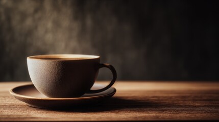 Obraz premium Steaming Coffee Cup on Wooden Table: Warm Beverage, Comfort, and Morning Ritual Still Life