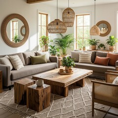 Stylish bohemian living room interior with natural wood furniture and lush green plants.