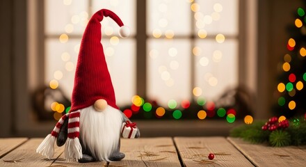 Fototapeta premium Christmas gnome with gift and festive background holiday