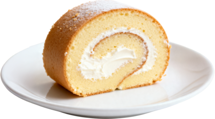 A Slice of Swiss Roll Cake on a White Plate