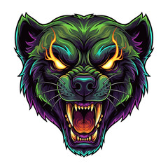 Fierce, stylized illustration of a snarling, glowing-eyed animal head with sharp teeth.