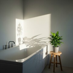 Sunlight casting shadows in a tranquil minimalist bathroom with a green plant.
