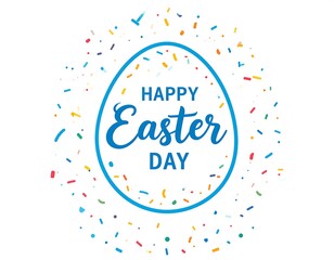 A festive design featuring a blue Easter egg shape with a congratulatory message and colorful confetti