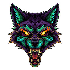 A vibrant illustration of a snarling wolf's head with glowing eyes, showing aggression.